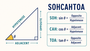 SOHCAHTOA diagram showing sine, cosine and tangent formulas for a right-angled triangle.